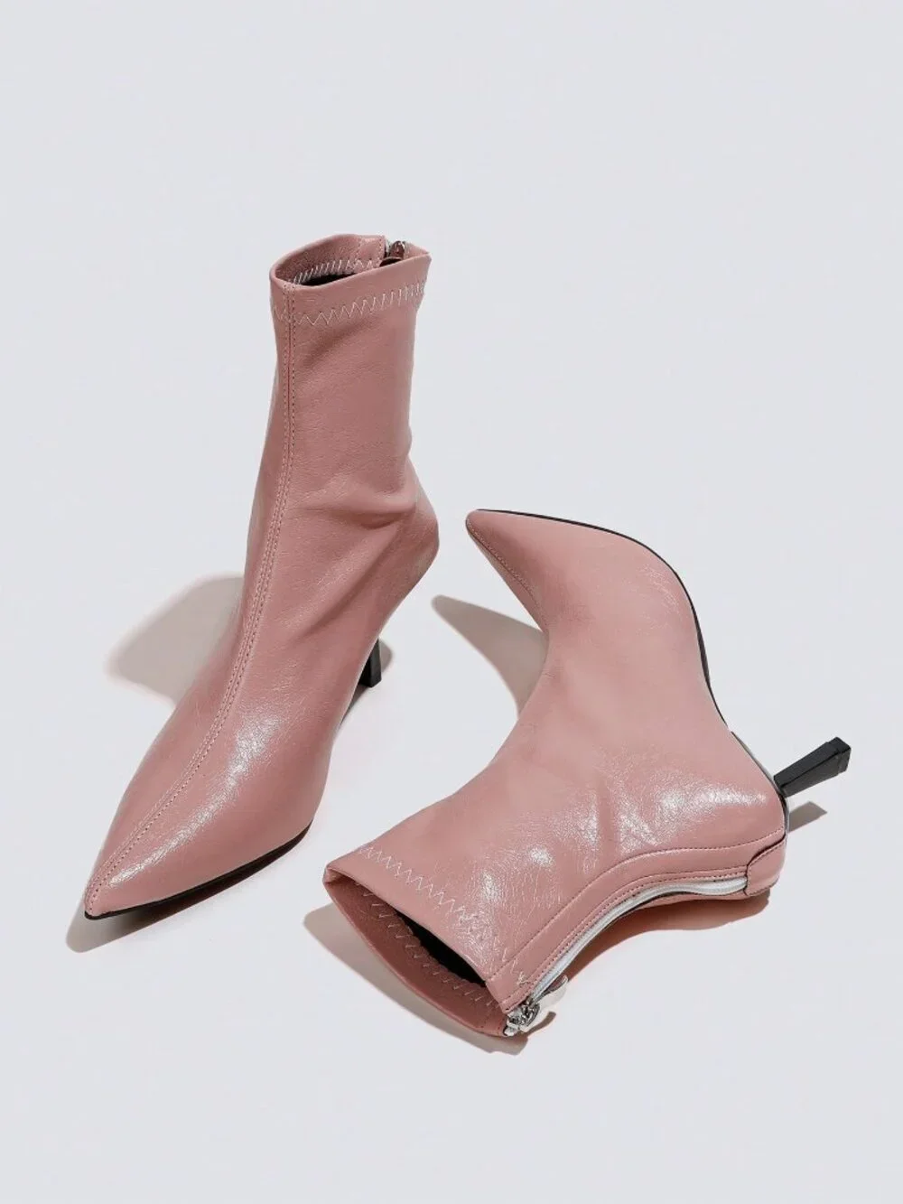 Pink Sexy Women's Pointed Toe Slim Elastic Back Zipper Mid Heel Ankle Boots